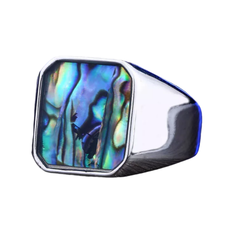 Men Retro Abalone Shell Signet Ring Ocean-Inspired Blue & Green Inlay Vintage Statement Unique Gift # R276