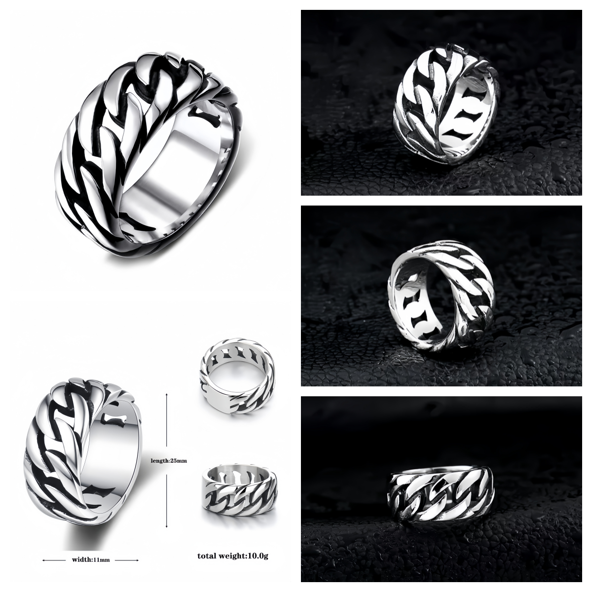Men Cuban Link Chain Stainless Steel Rings Chunky Polished Band Biker Punk Style R215