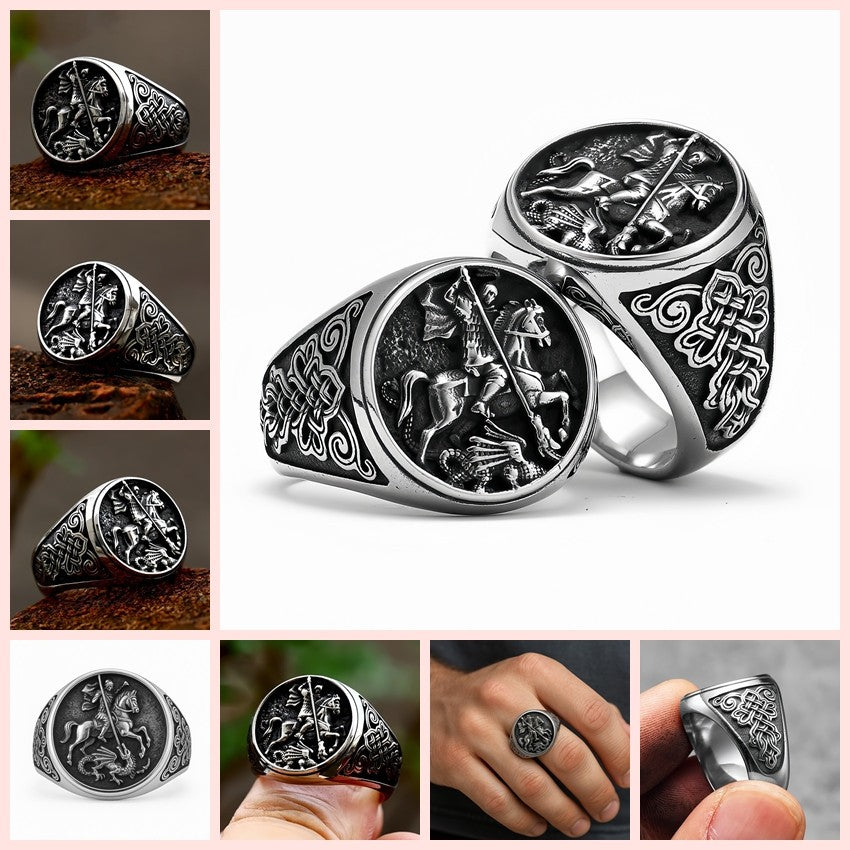 Men Stainless Steel Saint George Dragon Slayer Ring Knight Celtic Signet Jewelry # R280