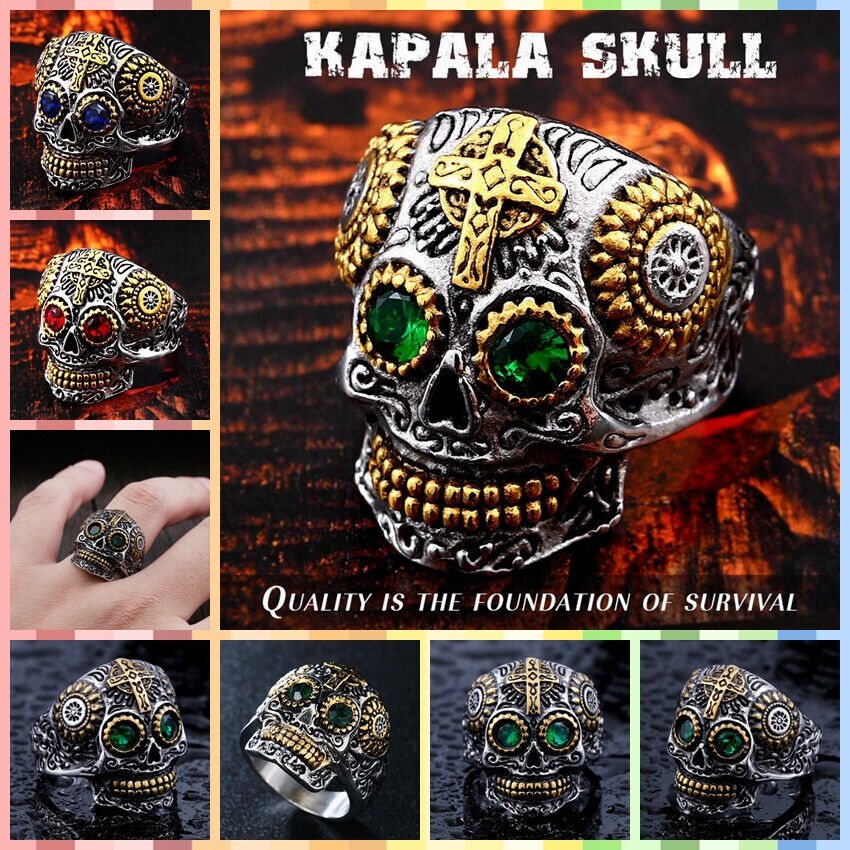 Men Individuality Amulet Stone Strength Edgy Cross Craft Totem Skull Biker Rings # R260