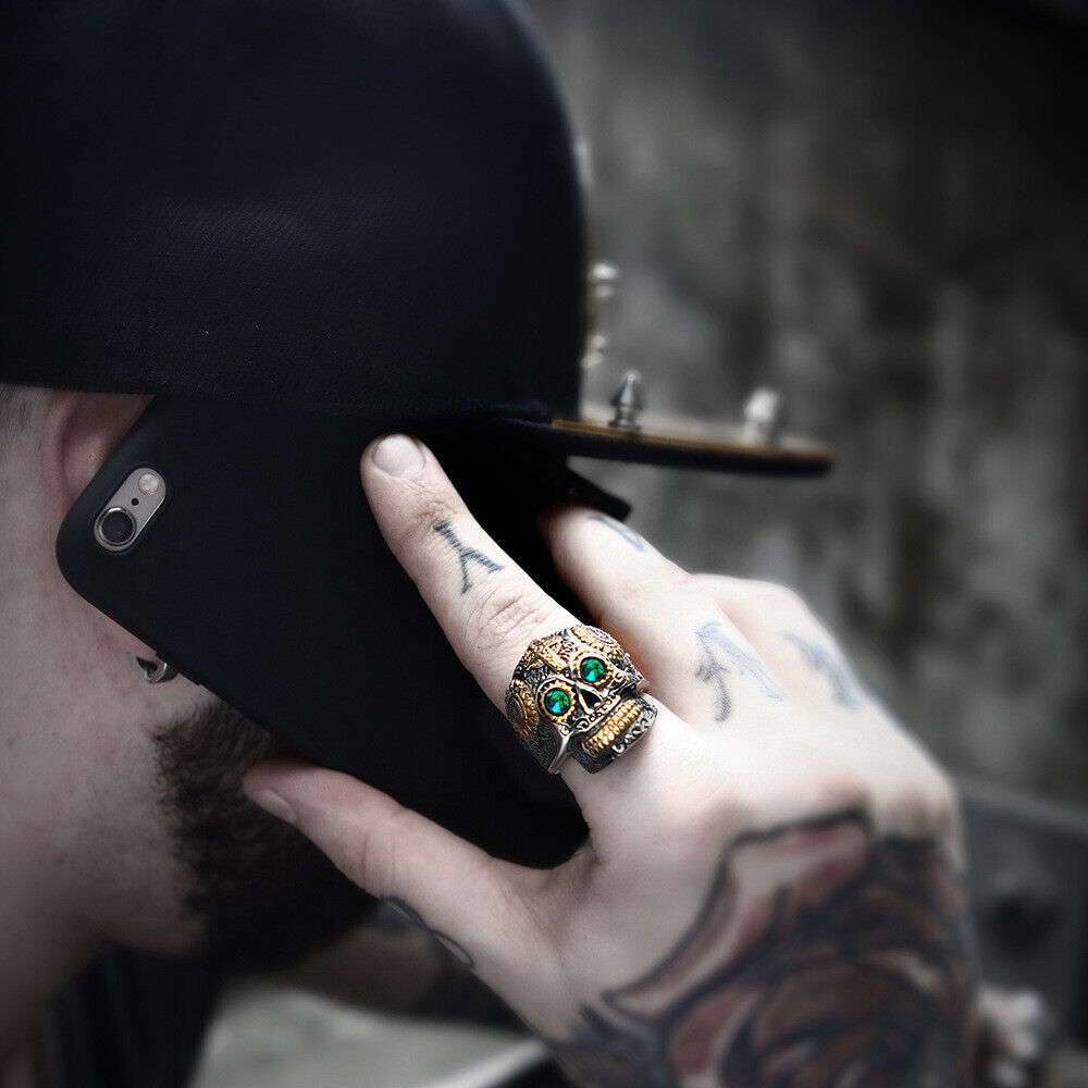 Men Individuality Amulet Stone Strength Edgy Cross Craft Totem Skull Biker Rings # R260