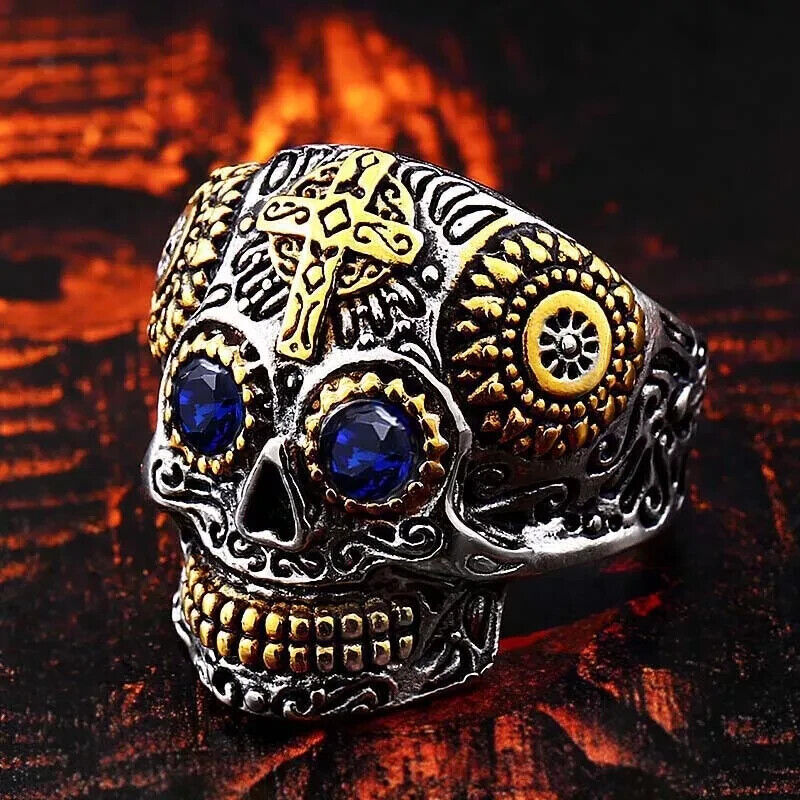 Men Individuality Amulet Stone Strength Edgy Cross Craft Totem Skull Biker Rings # R260