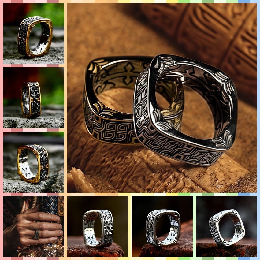 Men Vintage Norse Square Ring Dark Aesthetic Gothic Jewelry Totem Engraving Band R348
