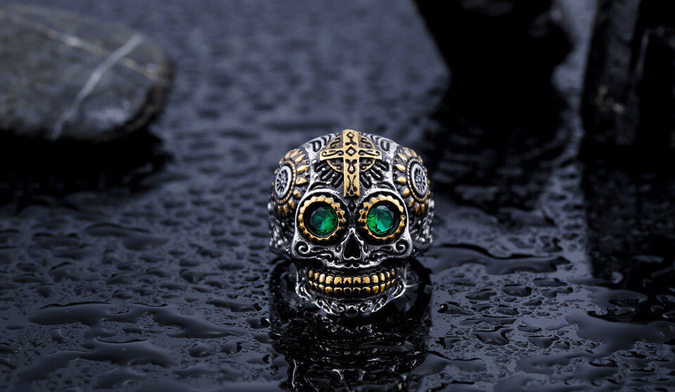 Men Individuality Amulet Stone Strength Edgy Cross Craft Totem Skull Biker Rings # R260