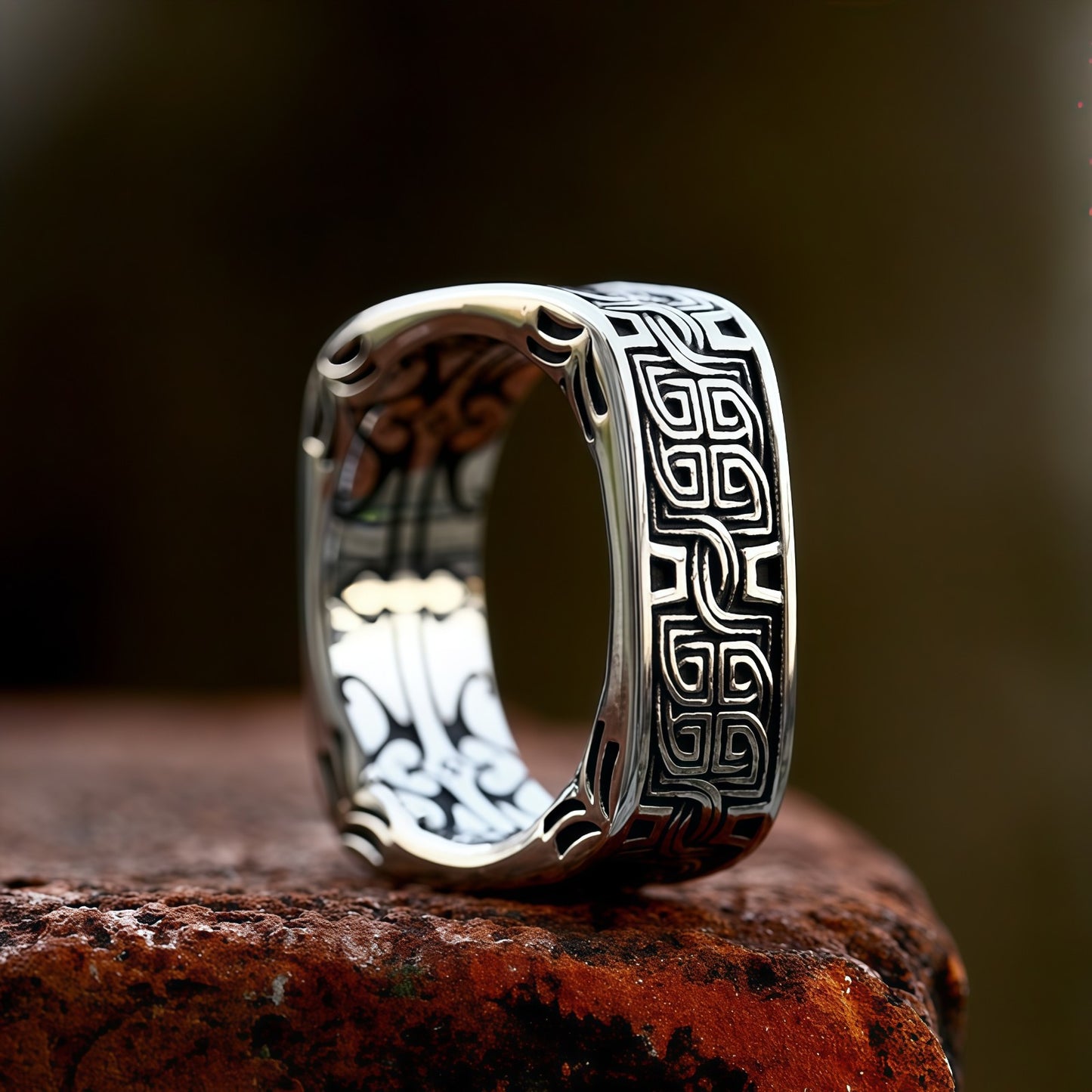 Men Vintage Norse Square Ring Dark Aesthetic Gothic Jewelry Totem Engraving Band R348