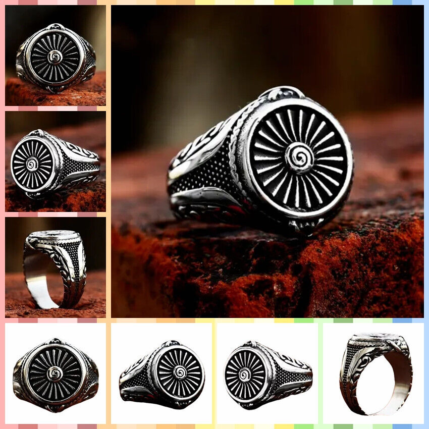Men Silver Tone Nordic Viking Sun Wheel Signet Ring Norse SpiralAmulet Symbol of Strength & Protection # R328