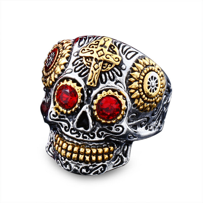 Men Individuality Amulet Stone Strength Edgy Cross Craft Totem Skull Biker Rings # R260