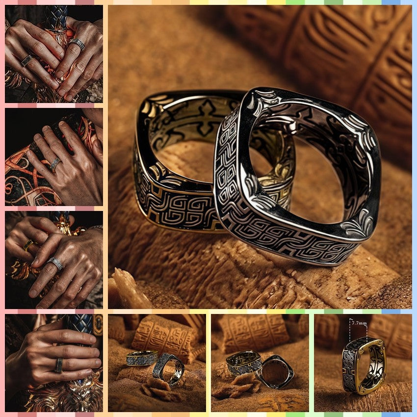 Men Vintage Norse Square Ring Dark Aesthetic Gothic Jewelry Totem Engraving Band R348