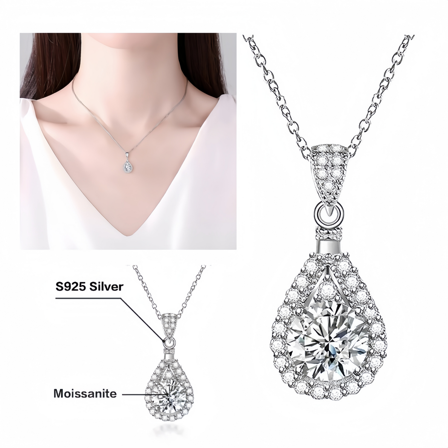 Women Elegant 1CT Waterdrop Moissanite Pendant Party Wedding Engagement Necklace M0198