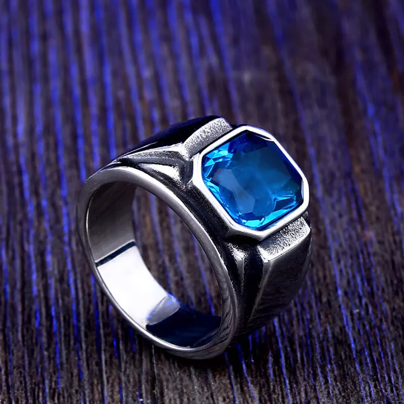 Men Vintage Statement Ring Octagon Cut Blue Green Gemstone Wide Band Punk Biker Jewelry # R216