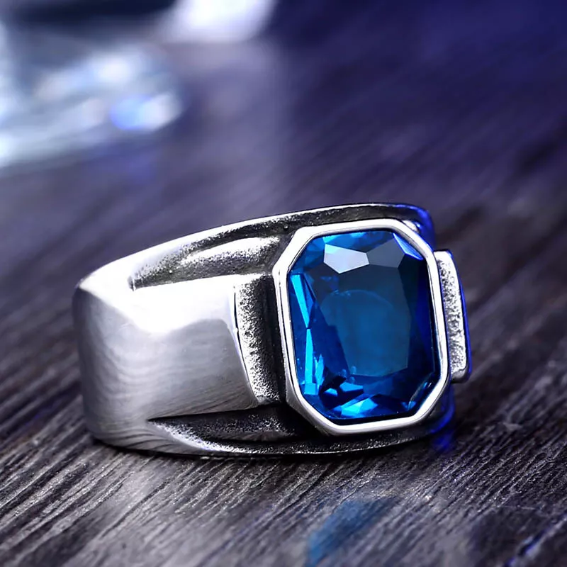 Men Vintage Statement Ring Octagon Cut Blue Green Gemstone Wide Band Punk Biker Jewelry # R216