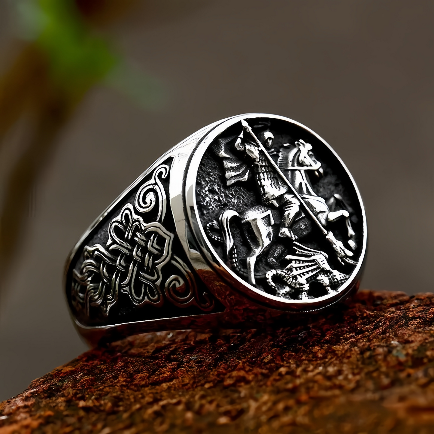 Men Stainless Steel Saint George Dragon Slayer Ring Knight Celtic Signet Jewelry # R280