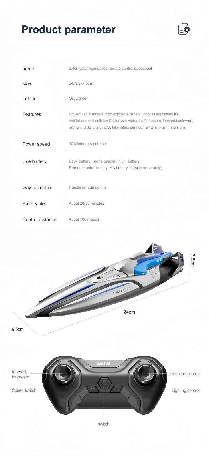 2.4GHz Waterproof S1 Long Range Wireless Remote Control High Speed Boat Toy Gift