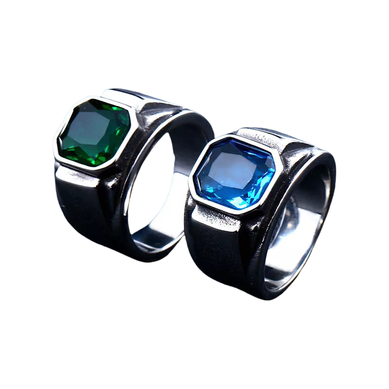 Men Vintage Statement Ring Octagon Cut Blue Green Gemstone Wide Band Punk Biker Jewelry # R216