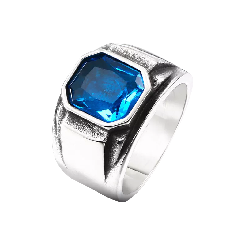 Men Vintage Statement Ring Octagon Cut Blue Green Gemstone Wide Band Punk Biker Jewelry # R216