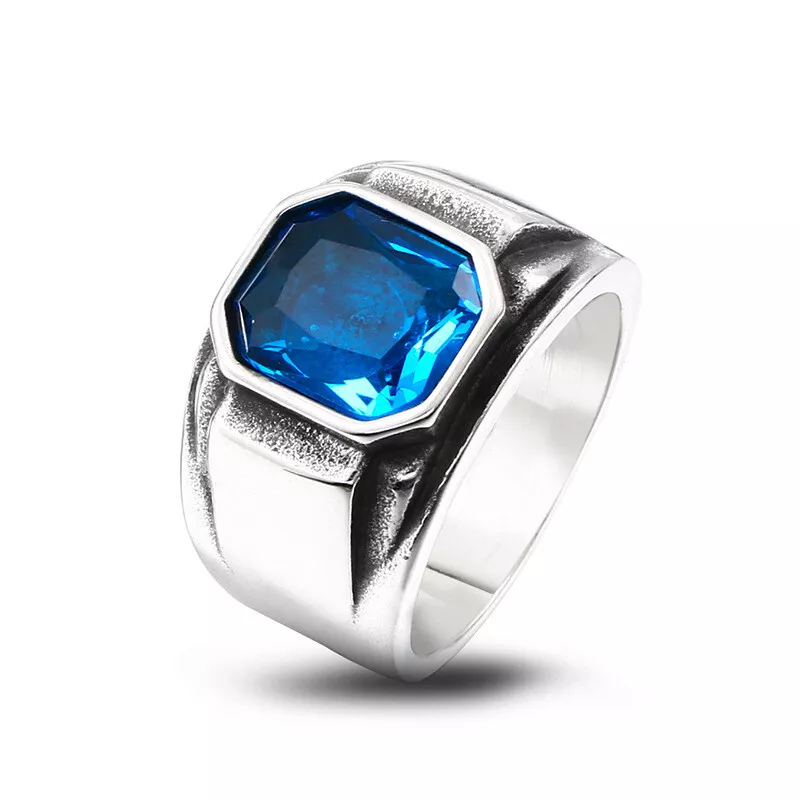 Men Vintage Statement Ring Octagon Cut Blue Green Gemstone Wide Band Punk Biker Jewelry # R216