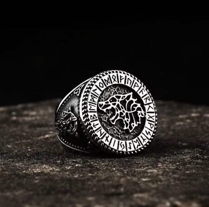 Men Viking Wolf Head Signet Ring Norse Elder Futhark Runes Celtic Knot Band Gift # R288
