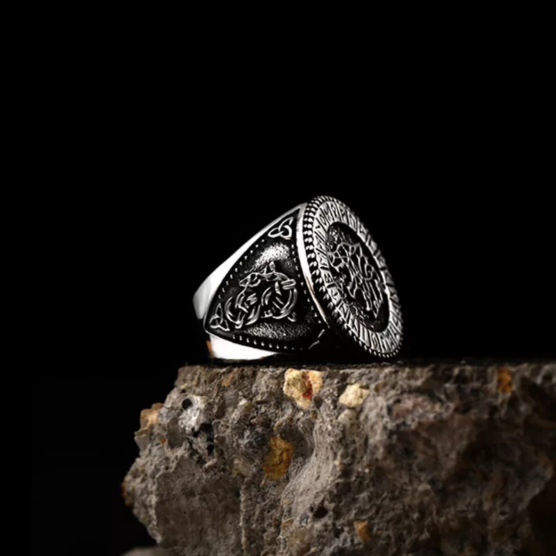 Men Viking Wolf Head Signet Ring Norse Elder Futhark Runes Celtic Knot Band Gift # R288