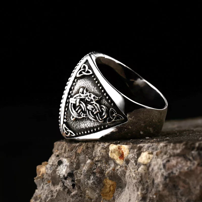 Men Viking Wolf Head Signet Ring Norse Elder Futhark Runes Celtic Knot Band Gift # R288