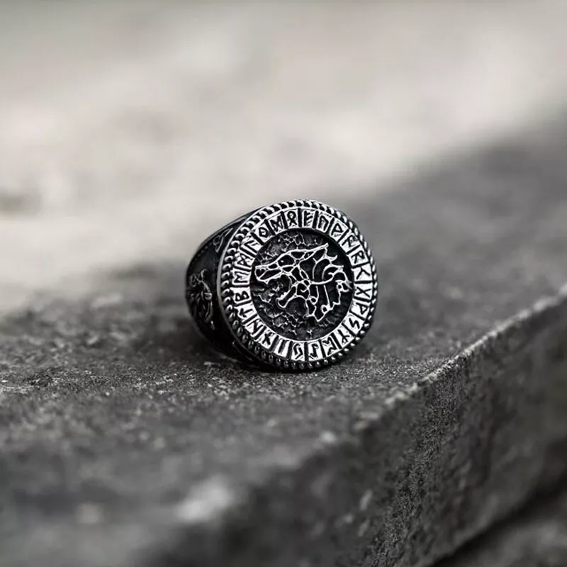 Men Viking Wolf Head Signet Ring Norse Elder Futhark Runes Celtic Knot Band Gift # R288