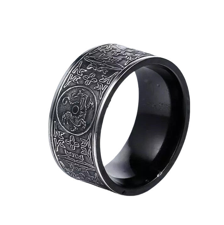 Men’s Feng Shui Four Guardian Beasts Ring Dragon Tiger Suzaku & Turtle Lucky Amulet Vintage Black Protection Band # R234