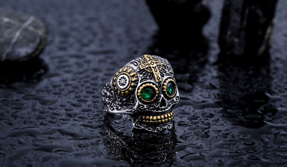 Men Individuality Amulet Stone Strength Edgy Cross Craft Totem Skull Biker Rings # R260