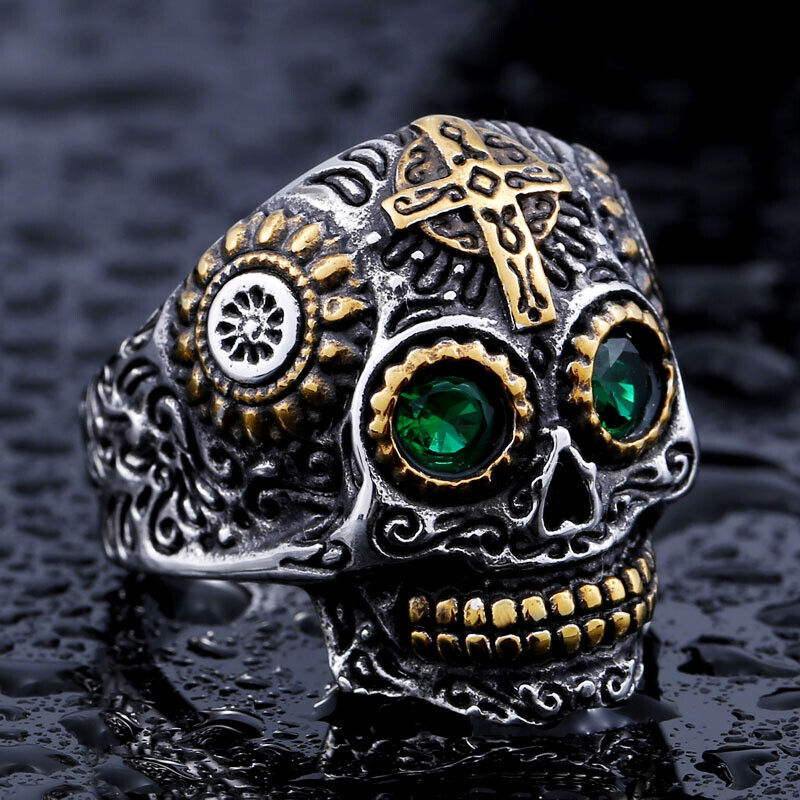 Men Individuality Amulet Stone Strength Edgy Cross Craft Totem Skull Biker Rings # R260