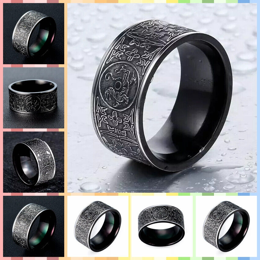 Men’s Feng Shui Four Guardian Beasts Ring Dragon Tiger Suzaku & Turtle Lucky Amulet Vintage Black Protection Band # R234