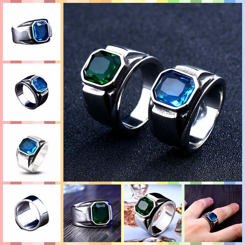 Men Vintage Statement Ring Octagon Cut Blue Green Gemstone Wide Band Punk Biker Jewelry # R216
