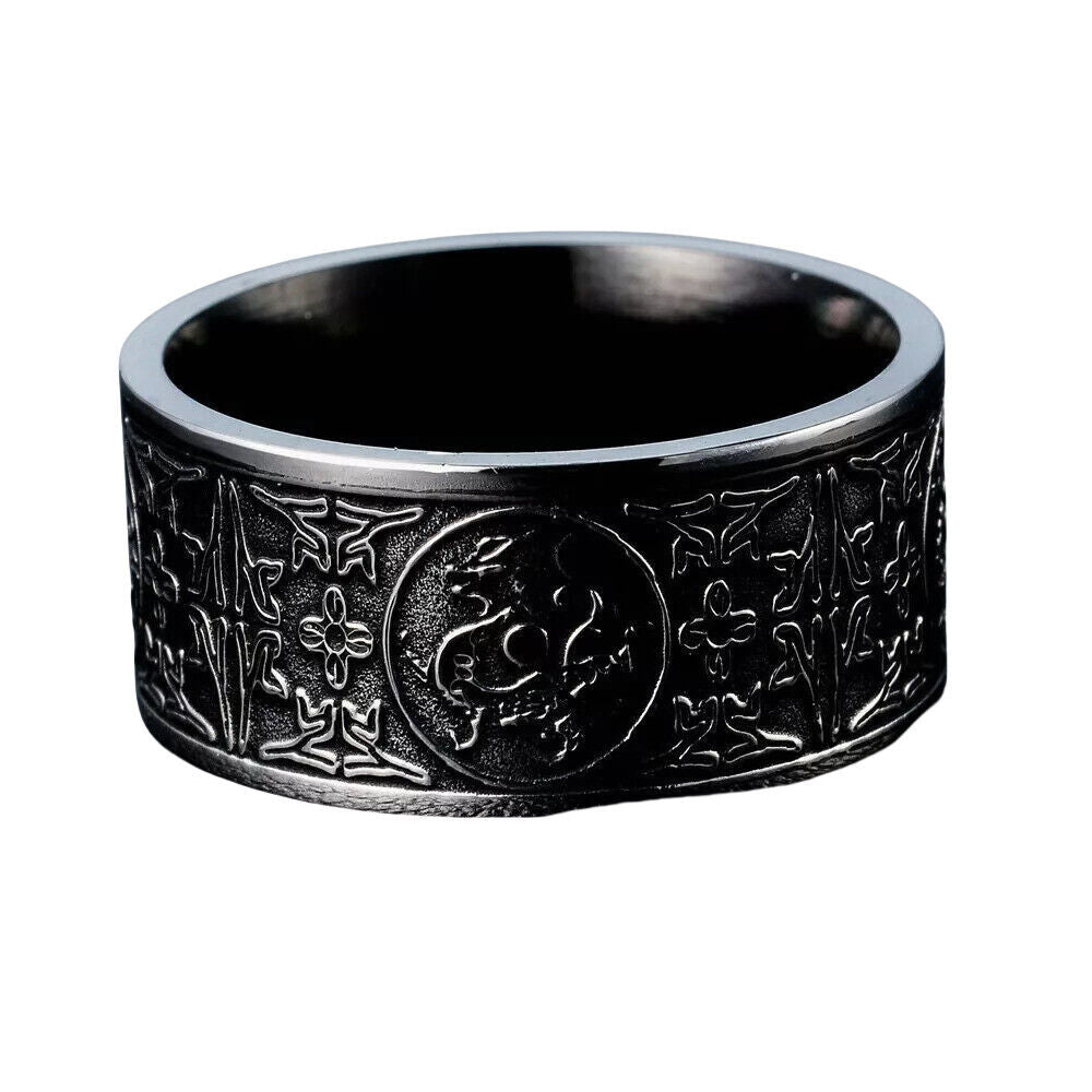 Men’s Feng Shui Four Guardian Beasts Ring Dragon Tiger Suzaku & Turtle Lucky Amulet Vintage Black Protection Band # R234