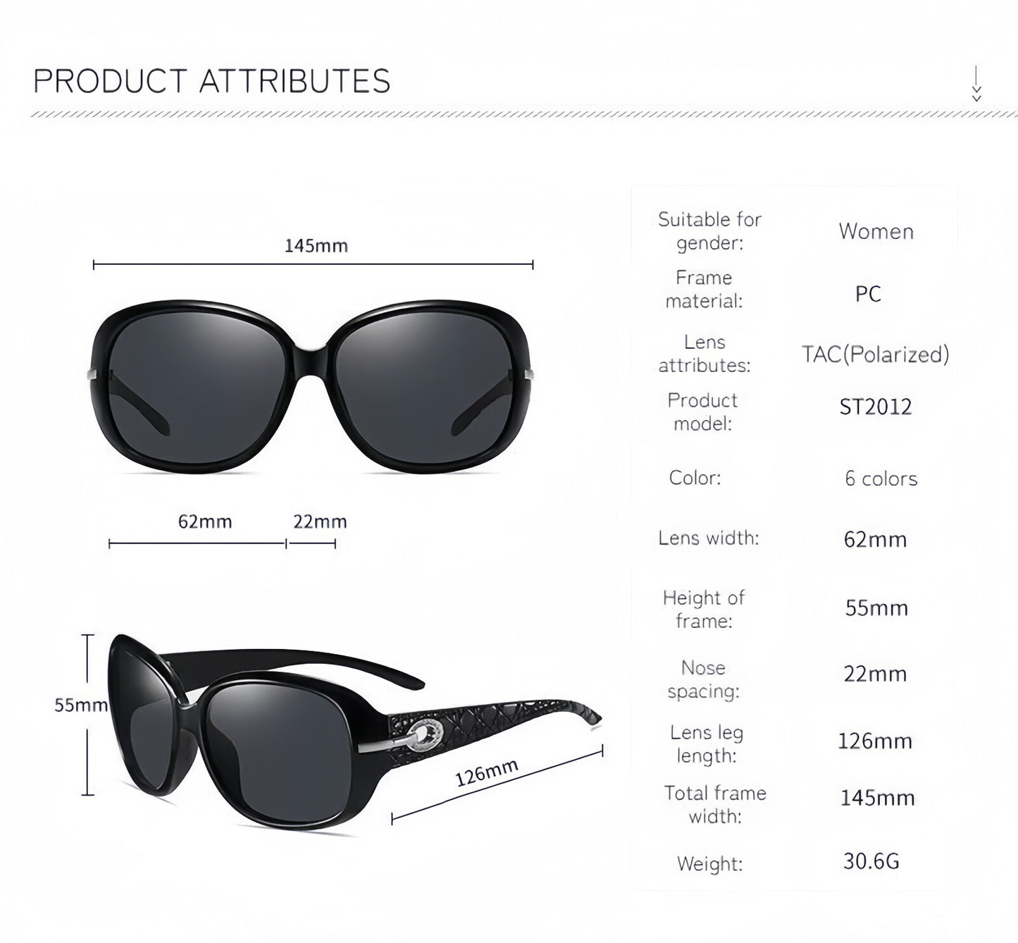 Women Diamond-Inspired Arms Anti-UV400 Polarized Sunglasses Travel Driving Beach # ST2012