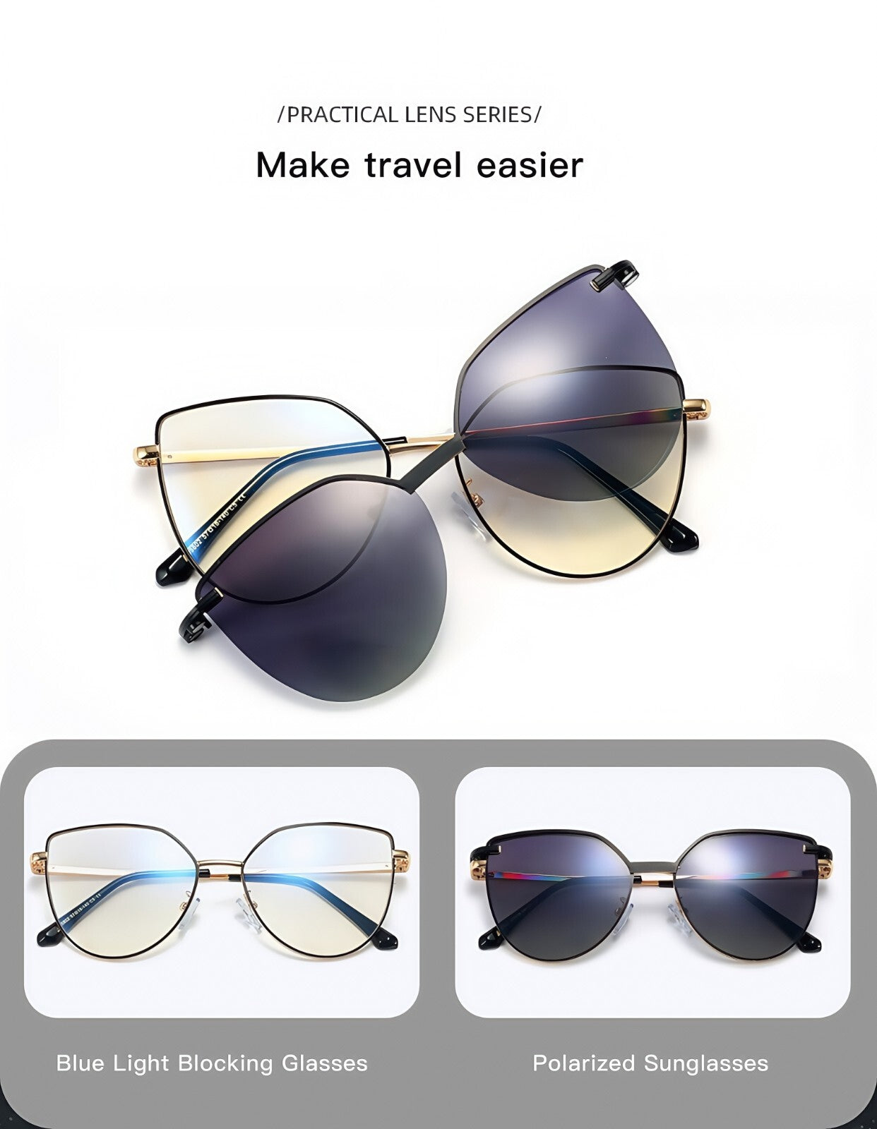 Women Cat Eye 2-in-1 Anti Blue Light UV400 Magnetic Clip-On Polarized Sunglasses # 95802