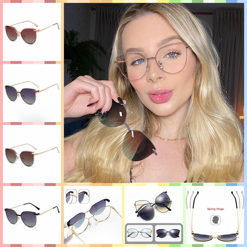 Women Cat Eye 2-in-1 Anti Blue Light UV400 Magnetic Clip-On Polarized Sunglasses # 95802