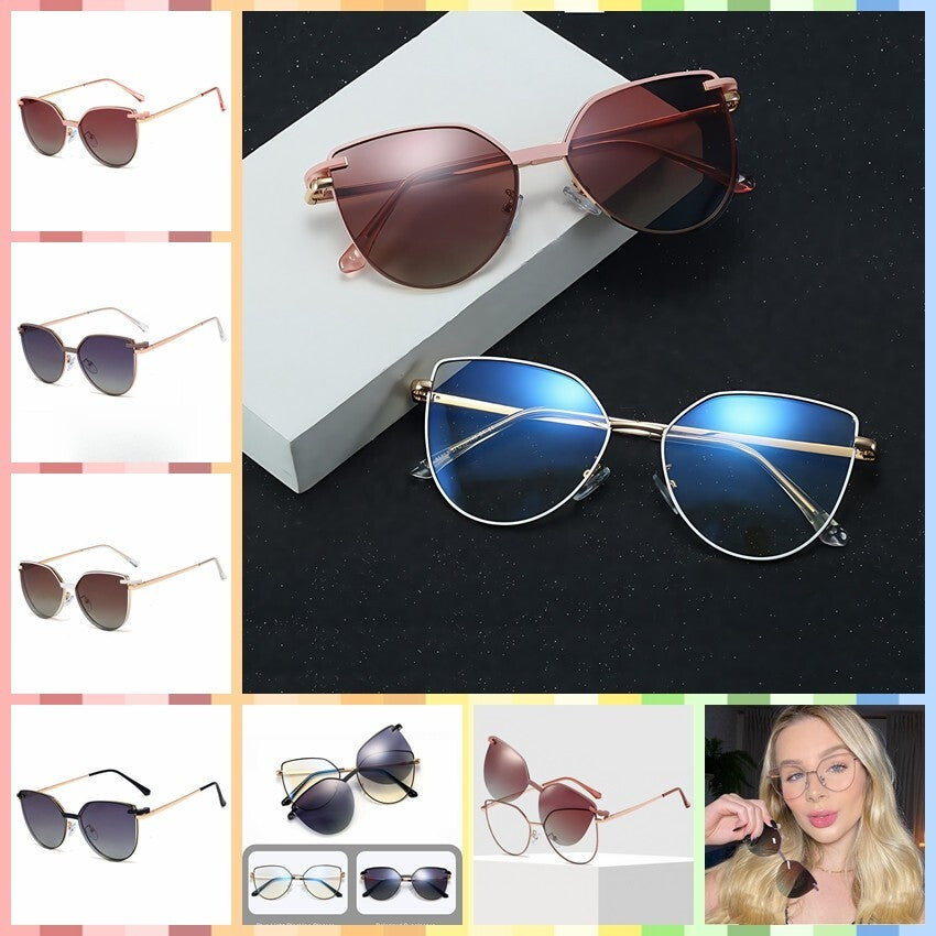 Women Cat Eye 2-in-1 Anti Blue Light UV400 Magnetic Clip-On Polarized Sunglasses # 95802