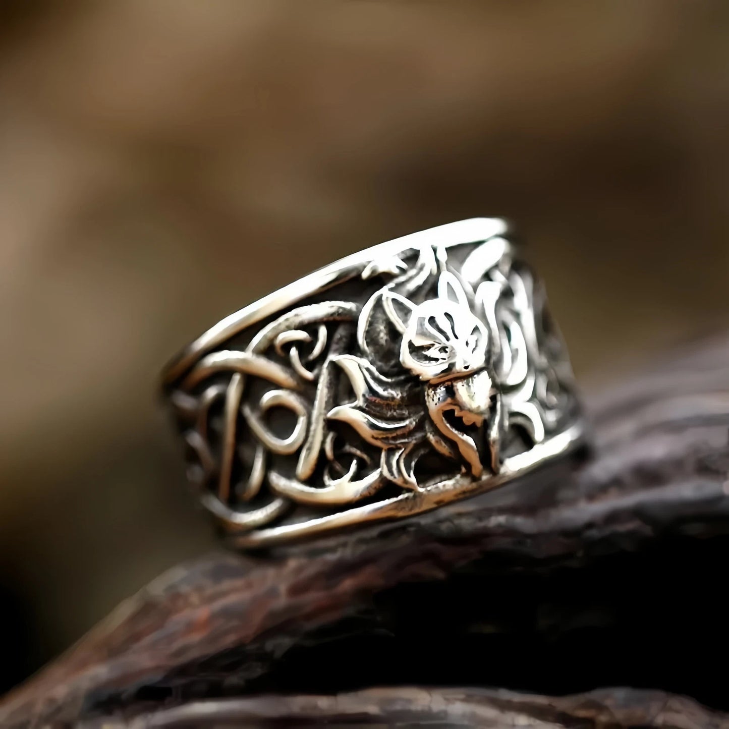 Men Nine-tailed Fox Ring Mythical Spirit Animal Jewelry Celtic Knot Wide Band # R256