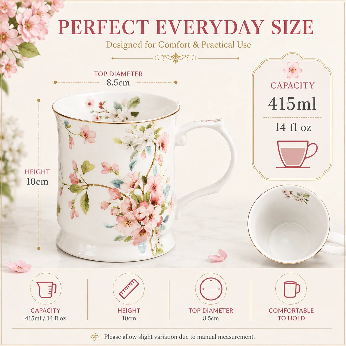 Peach Blossom White Fine Porcelain Mug 415ml Floral Coffee Tea Cup Gift Box 1-6X