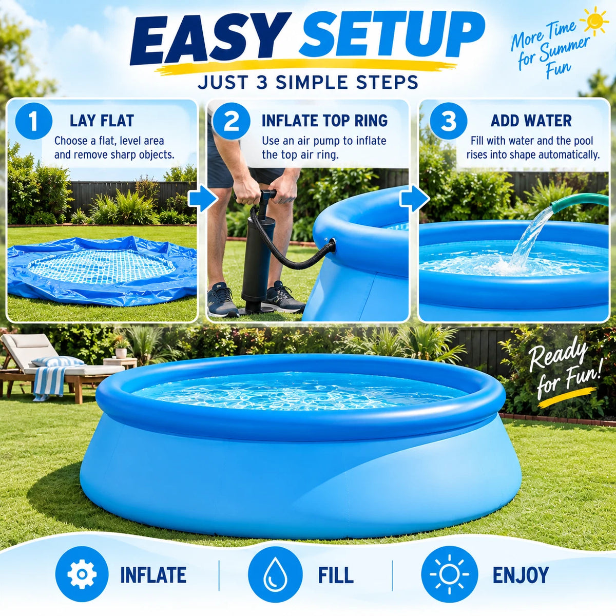 Large Inflatable Round Swimming Pool Easy Set Backyard Family Pool 183/244/305cm