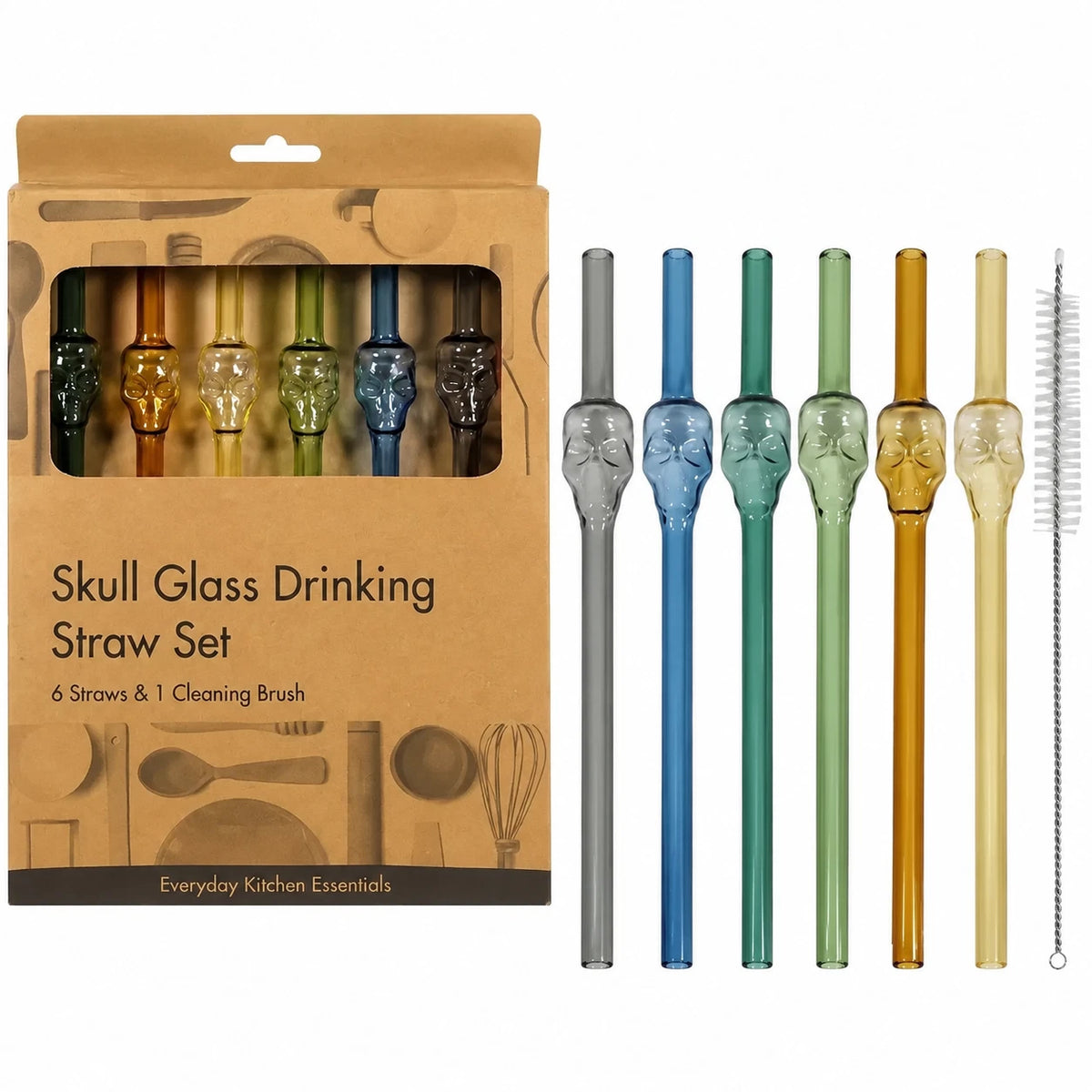 6PCS Skull Glass Drinking Straws 20cm Reusable Cocktail Barware Cleaning Brush