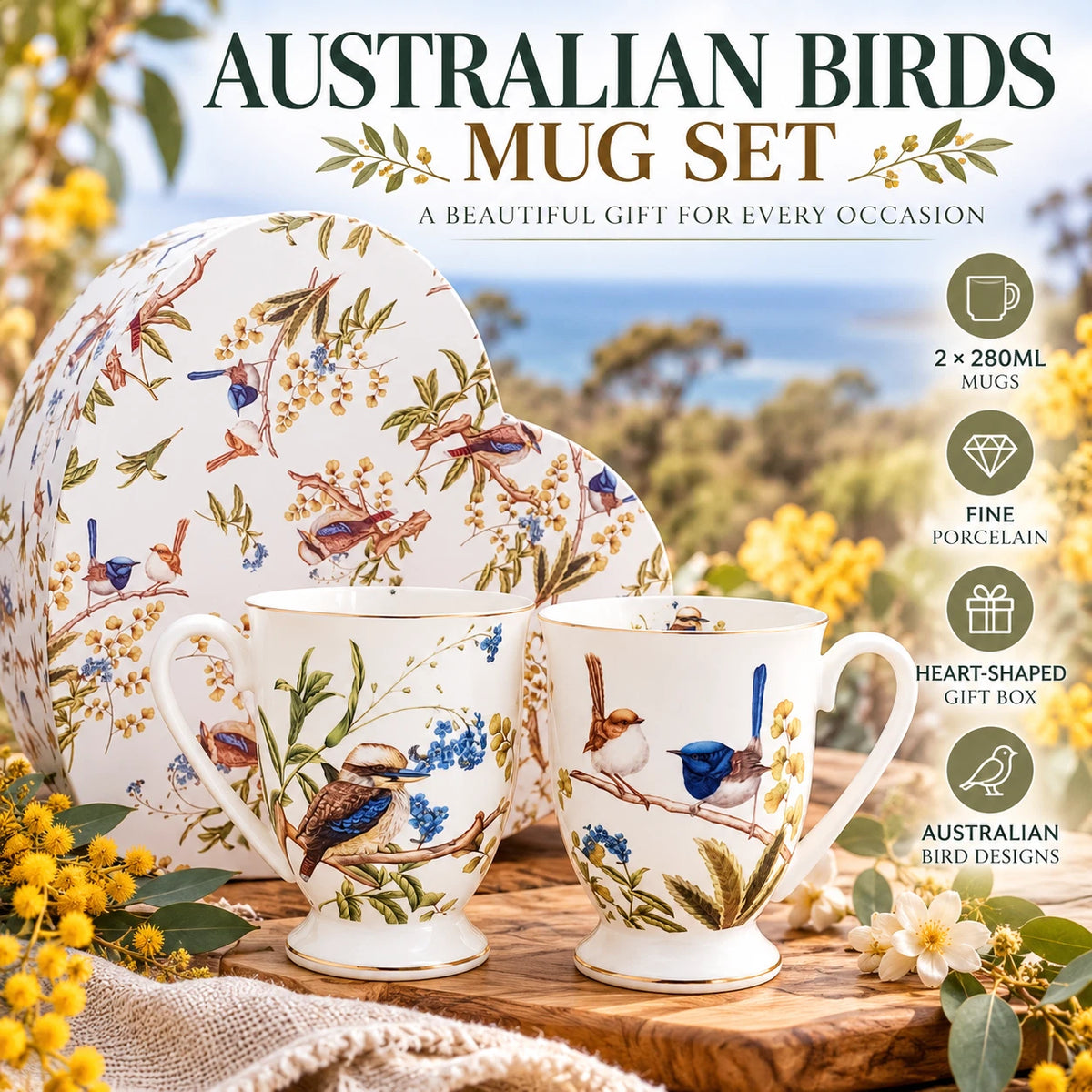Set of 2 280cc Coffee Mug Fine Porcelain China Australian Bird Heart Gift Box