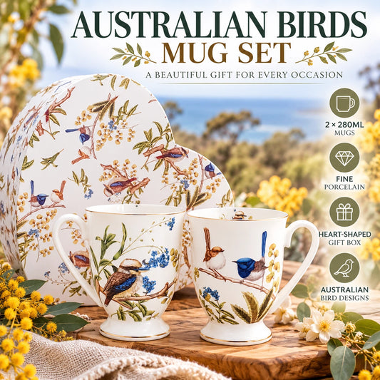 Set of 2 280cc Coffee Mug Fine Porcelain China Australian Bird Heart Gift Box