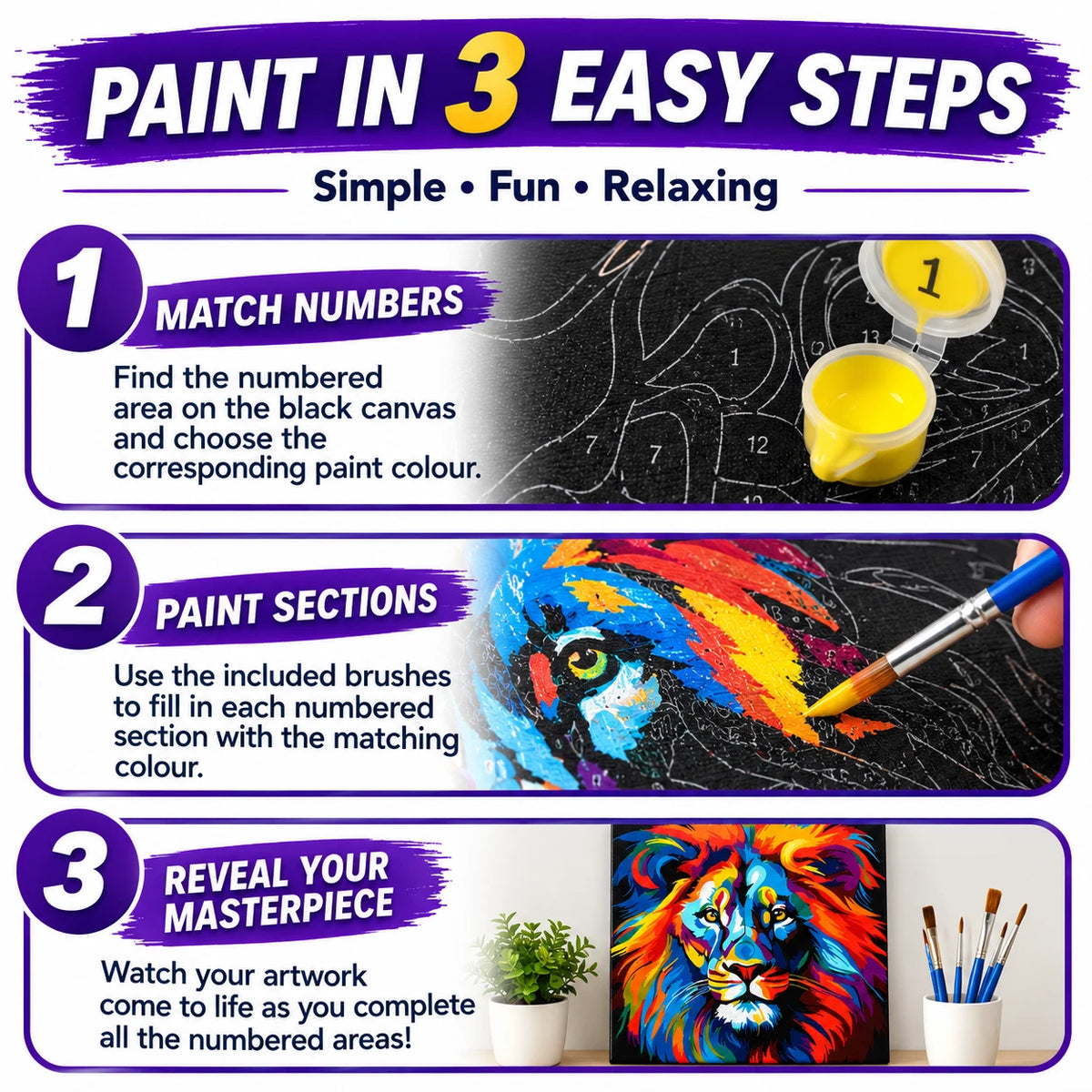 30x30cm Black Canvas Paint By Number Lion Kit DIY Acrylic Painting Art Gift