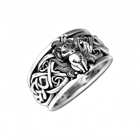 Men Nine-tailed Fox Ring Mythical Spirit Animal Jewelry Celtic Knot Wide Band # R256