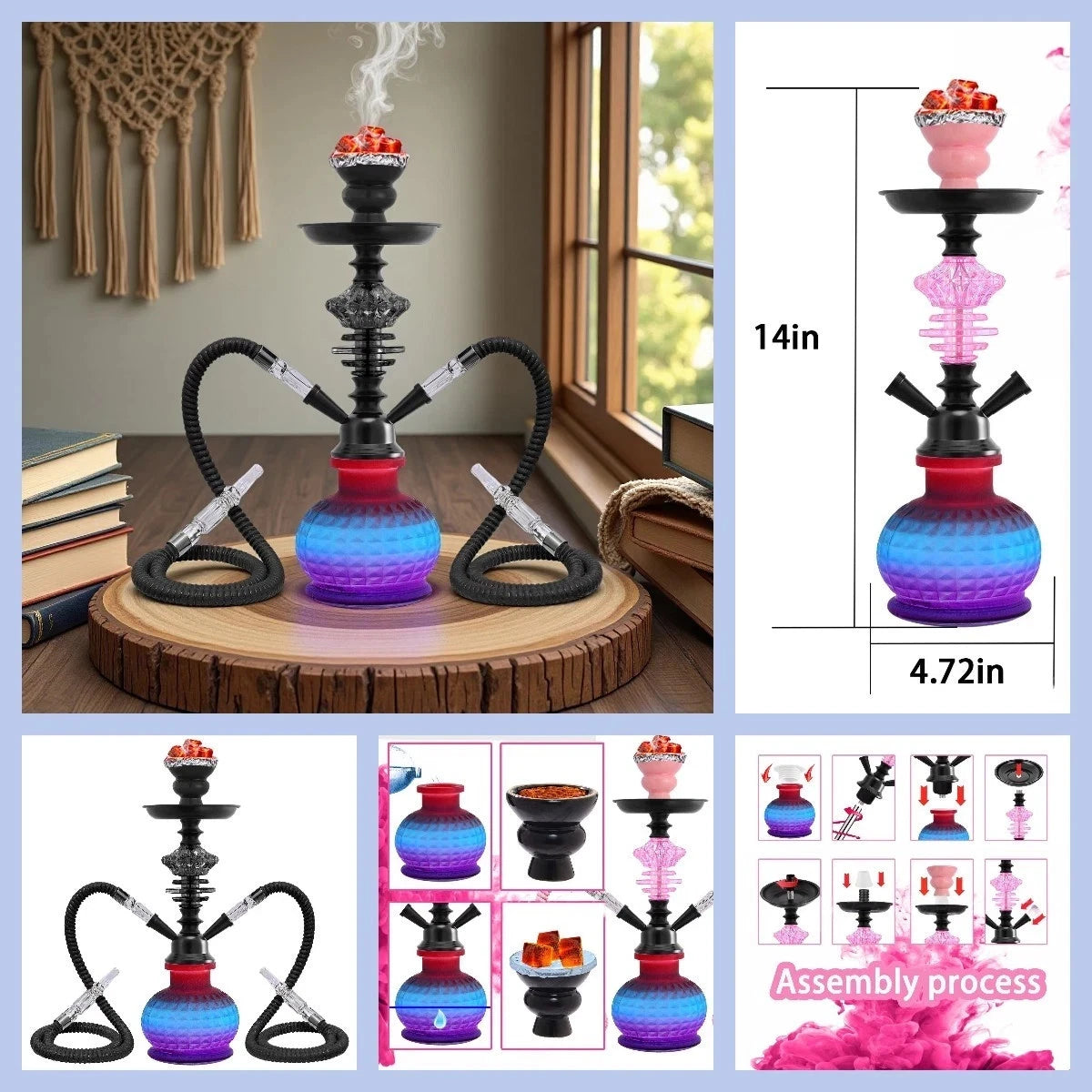 36cm 2 Hose Portable Black Gradient Blue Shisha Hookah Narguile Party Club Bar