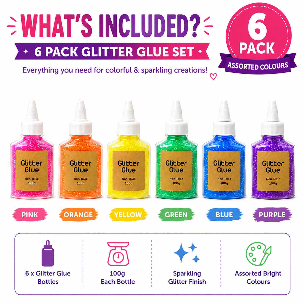6 Pack 100g Glitter Glue Assorted Colours Sparkle Art Craft DIY Adhesive Decor