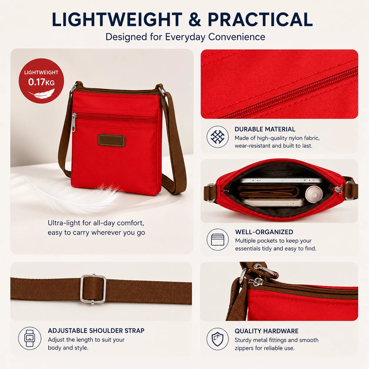 Women Lightweight Nylon Crossbody Bag Waterproof Travel Strap Shoulder Satchel