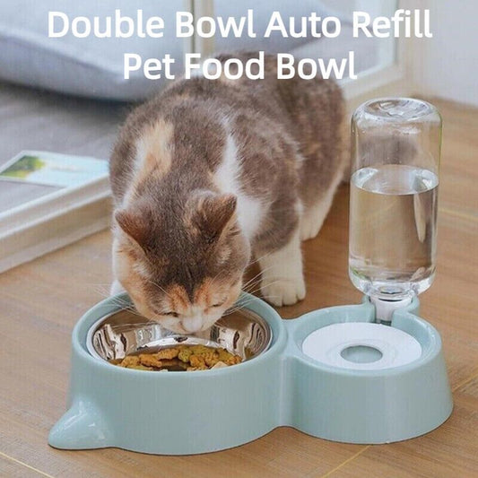 Pet Plastic Stainless 2 in 1 Bowls Auto Refill Water Dog Cat Eating Drinking