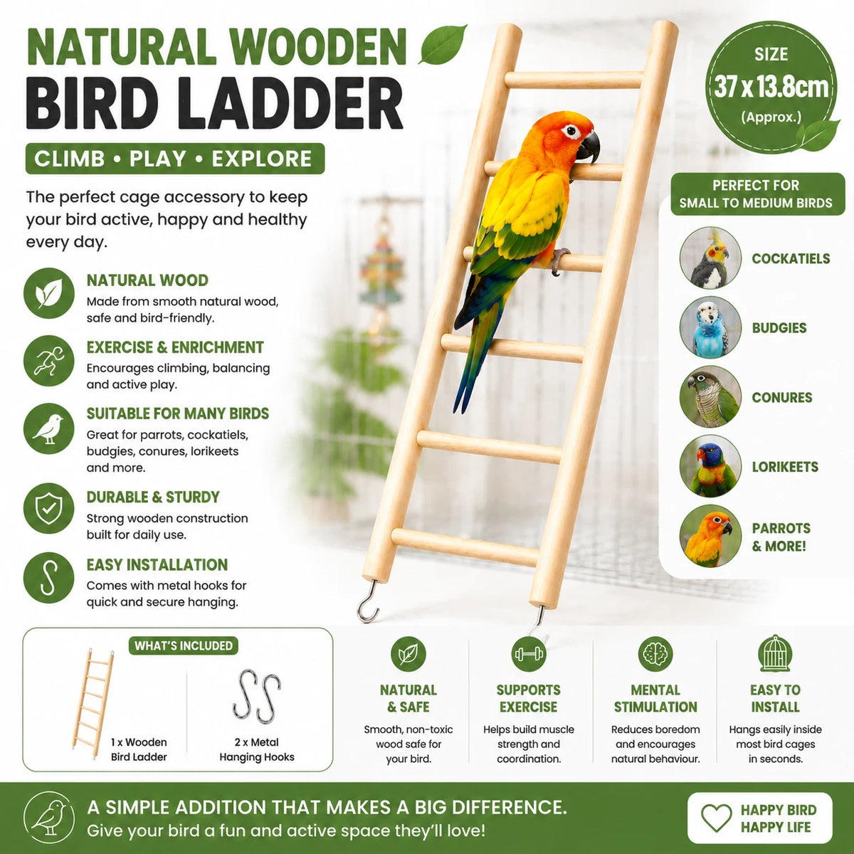 Wooden Bird Ladder Toy 37x13.8cm Parrot Cage Climbing Perch Exercise Accessory