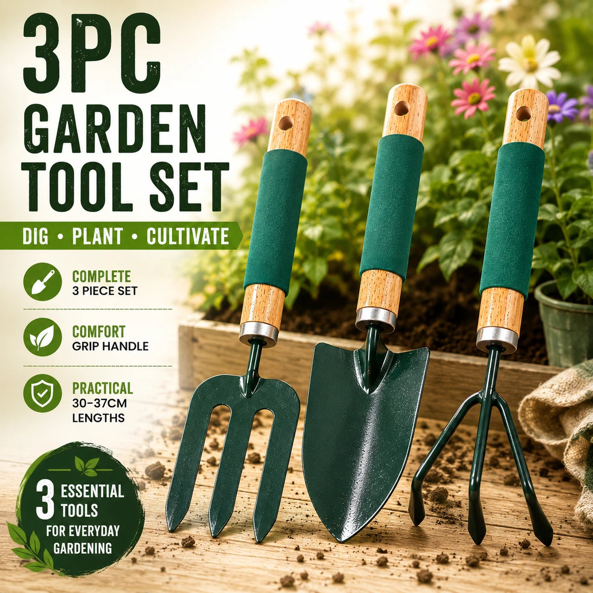 3 Pieces Garden Tool Set Hand Trowel Fork Cultivator Digging Planting Weeding