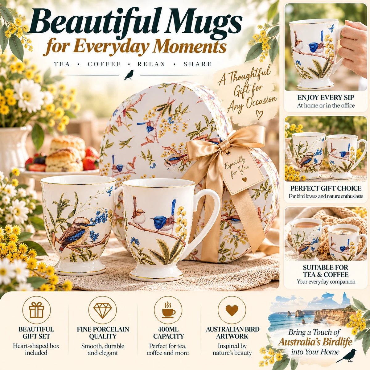 Set of 2 280cc Coffee Mug Fine Porcelain China Australian Bird Heart Gift Box
