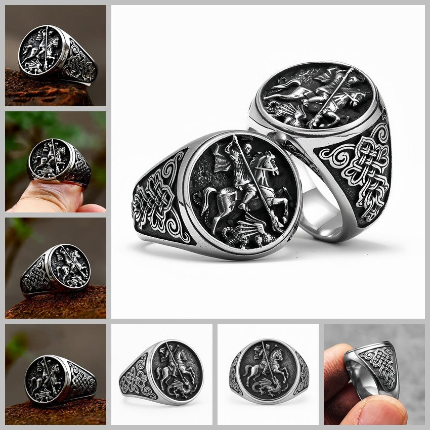 Men Stainless Steel Saint George Dragon Slayer Ring Knight Celtic Signet Jewelry # R280